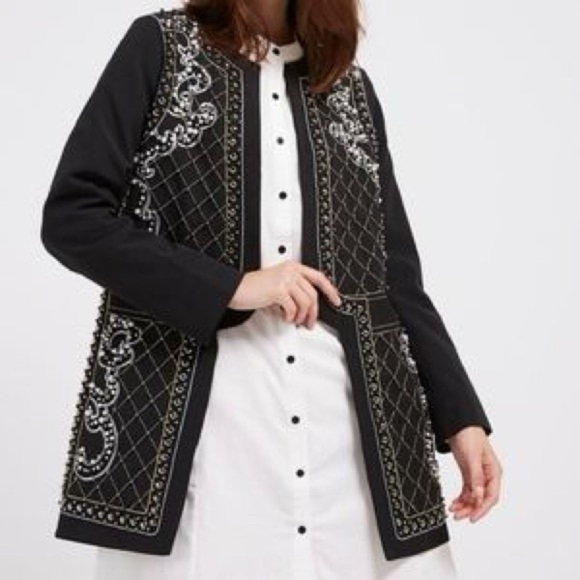 Andrew Yu Open Front BlazerJacket Silver Gold Embroiderery Beaded Pearl Tunic - Picture 1 of 8